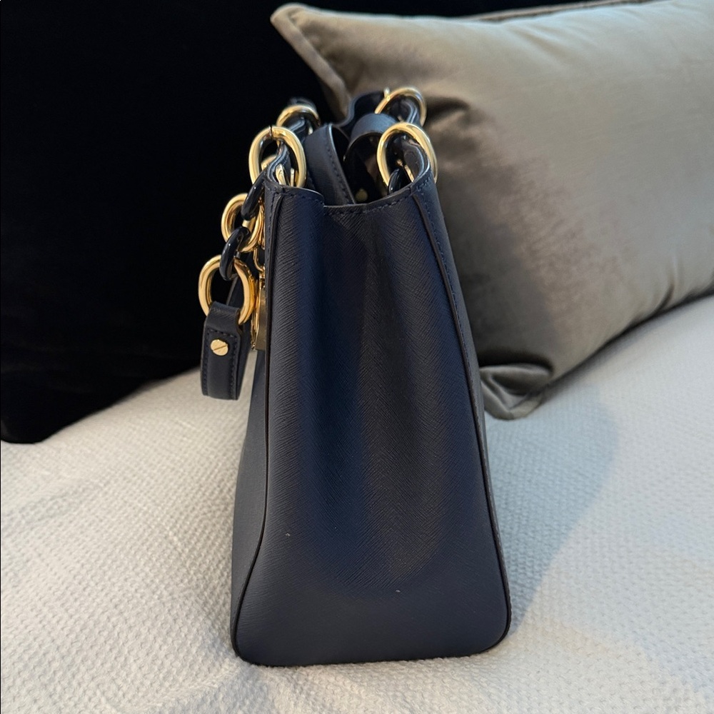 Michael Kors Navy Blue Satchel with Gold Accents - Picture 3 of 9
